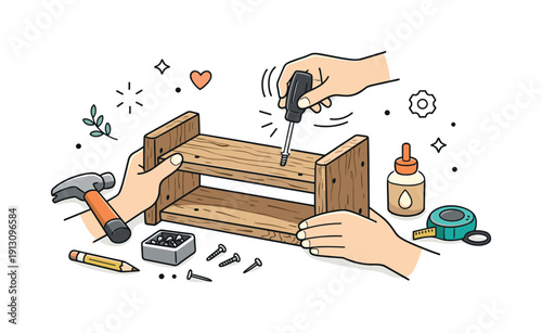 DIY reclaimed wood decor. Hands assembling a small wooden shelf from reclaimed planks, calm and creative. Simple tools and motion lines show