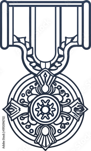 decorative ornate medal with circular and floral patterns on ribbon