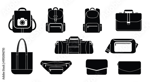 Collection of various black silhouette bags and travel accessories