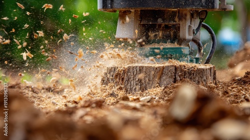 Close-up of a stump grinder machine removing a tree stump with wood chips flying in the air