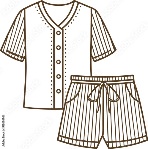 Striped short sleeve pajamas set with buttoned top and drawstring shorts for comfortable sleepwear