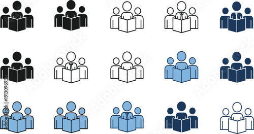 People Reading Book Icon Set Vector Illustration with Group Study Learning Education Teamwork and Knowledge Sharing Symbols in Multiple Styles