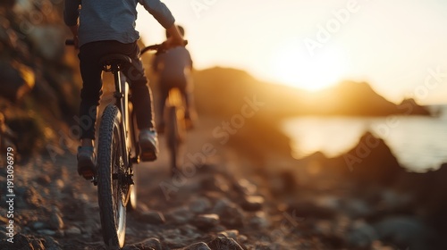 Wallpaper Mural This enchanting image depicts two children riding bicycles along a rocky path at sunset, capturing the essence of adventure and childhood in a serene coastal environment. Torontodigital.ca