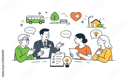 Community-focused municipal improvement. Neighbors and city representatives exchanging ideas with documents and icons of public services