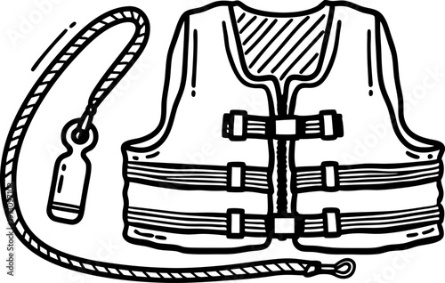 Life jacket and whistle safety equipment illustration in black and white outline