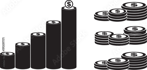 Financial growth chart with increasing bars and dollar coins
