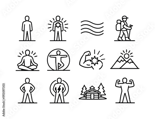   Inner Strength in Solitude. Line outline icon set of Inner Strength in Solitude: solitary