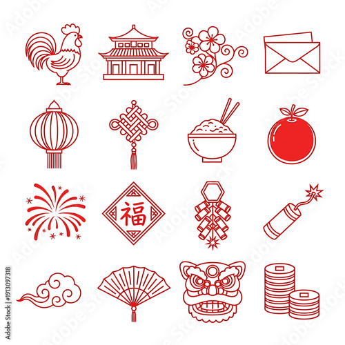 Collection of Traditional Chinese New Year Icons and Symbols.