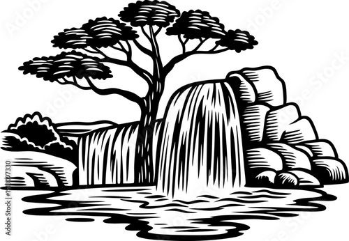 Stylized black and white illustration of natural waterfall with rocky cliffs and tree silhouette by water