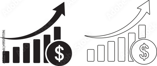 Professional vector collection featuring finance and money-themed icons including dollar symbols, pound signs, money bags, bar charts, and profit growth arrows. Ideal for business presentations