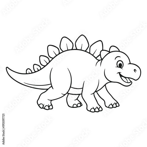 A cheerful black and white line art illustration of a Stegosaurus. Featuring its iconic back plates and spiked tail, this friendly dinosaur is perfect for children's coloring books and education.