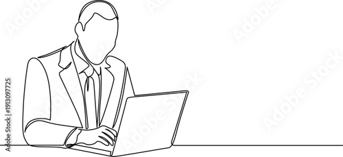 A professional man working on a laptop with a blurred face. Vector