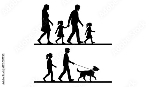 Family Walking Silhouettes with Father, Mother, Kids, and Pet Dog