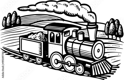 Vintage steam locomotive train on railway tracks with smoke and coal cargo in countryside