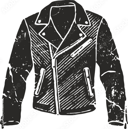 Black leather biker jacket illustration vintage motorcycle coat with zipper and collar retro grunge outerwear design