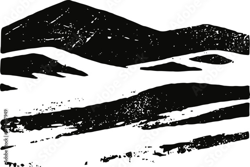 Abstract black and white mountain landscape with textured brush stroke hills and valleys
