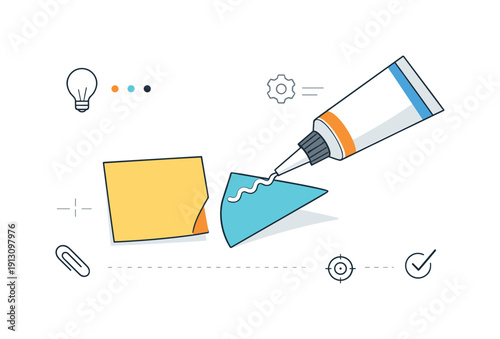 Creative Glue Moment. Adhesive application moment. A glue tube angled toward paper pieces ready to be joined, calm creative workflow. Editorial scene about