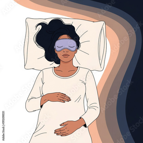 Pregnant black woman sleeping with eye mask on bed  