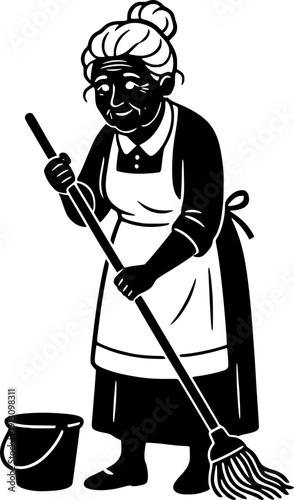 Black and white minimalist illustration of an elderly woman mopping the floor with a bucket. Stylized linocut vector art representing senior independence, domestic cleaning, and household chores