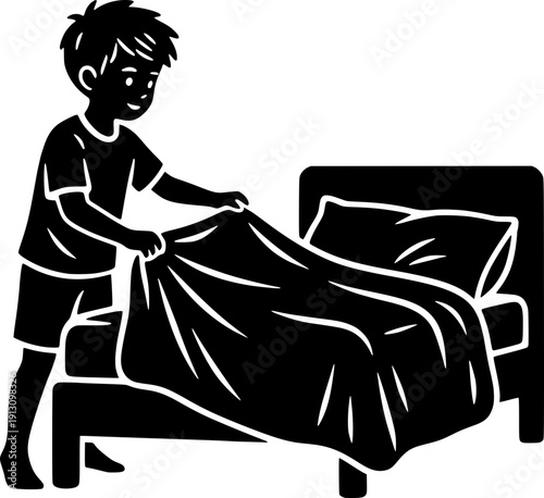 Black and white minimalist illustration of a young boy tidying his bed. Stylized linocut vector art representing childhood responsibility, morning routine, and domestic chores for kids.
