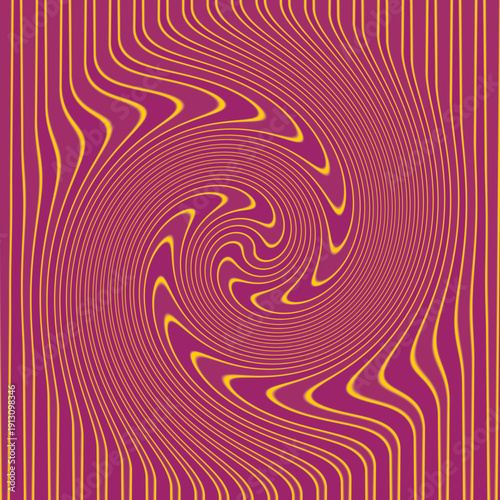 Abstract optical illusion background with yellow purple spiral vortex lines, vibrant reddish pink motion effect, and dynamic artistic layout