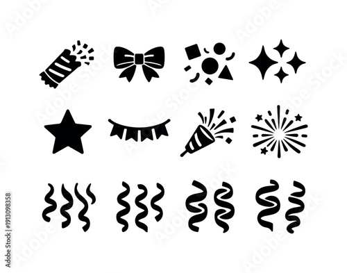   Fun celebration crackers. Filled icon set of Fun celebration crackers: cracker tube, bow