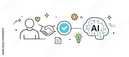 Transparent artificial intelligence. A human and an AI icon connected by clean lines and icons, symbolizing trust and clarity. Simple