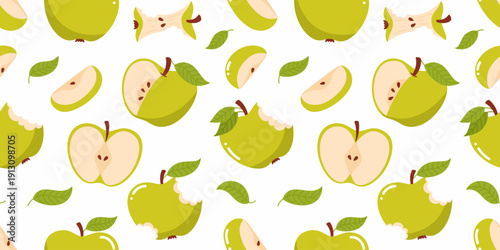 Seamless pattern with green apples of different shapes and slices.