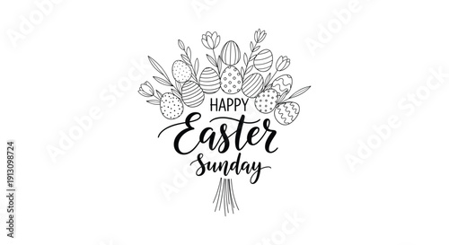Easter Sunday Greeting with Floral Elements and Eggs vector illustration