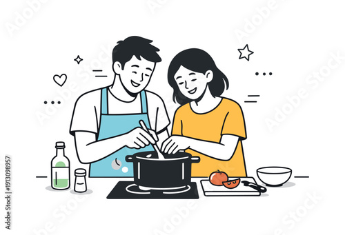 Shared kitchen moment. A couple laughing gently while stirring a pot together, calm and cooperative. The scene captures teamwork and everyday