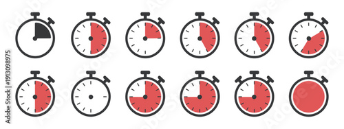 Stopwatch icon set in red color on white background, showcasing countdown, timer, and clock symbols for urgency, time management, and tracking applications.
