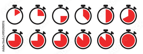 Stopwatch icon set in red color on white background, featuring countdown timers, clock symbols, and time tracking vector illustrations.