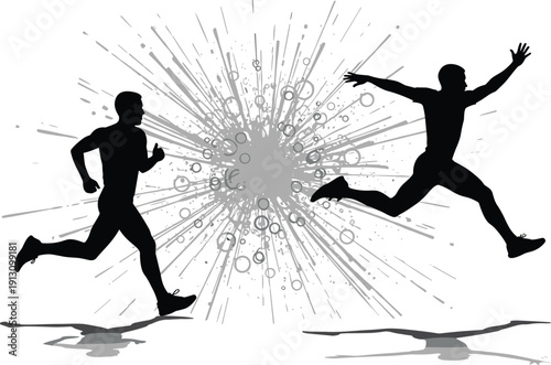 Black silhouettes of two male athletes running and jumping with high energy through a grey explosive splash background representing speed power and athletic successv