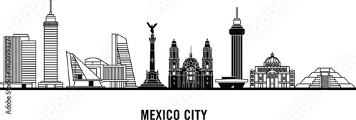 Black Vector Silhouette of Mexico City Skyline Featuring Angel of Independence Metropolitan Cathedral Palacio de Bellas Artes and Ancient Teotihuacan Pyramid for Mexican Tourism