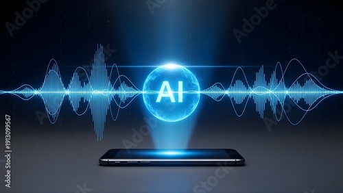 AI Voice Assistant Technology: Futuristic Digital Audio Waveform Glowing over Smartphone