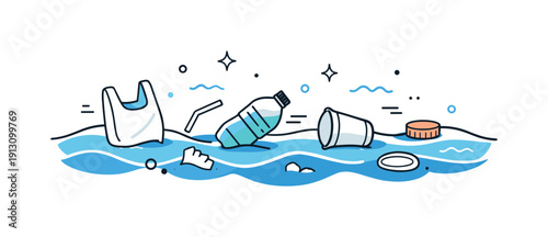 Ocean pollution. Floating plastic waste drifting in calm blue water, creating a quiet but alarming scene. Small abstract waves and debris