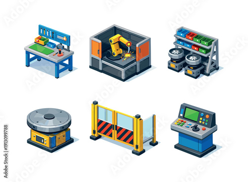    Industrial assembly stations. Isometric flat vector icons set of industrial assembly stations: manual assembly bench, robotic welding cell,
