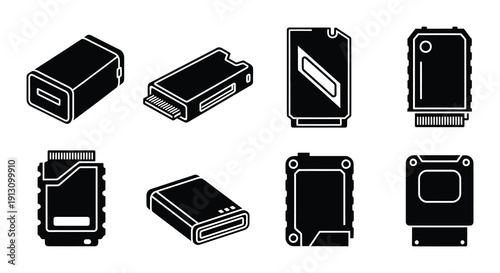 Multiple views of black electronic devices possibly memory cards or modules