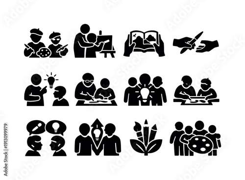 Inter al creativity. Solid icon set of inter al creativity: young and old artists, mentoring through art, shared