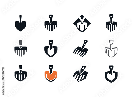 Rake and shovel. Icon set. Set Logo of rake and shovel: shovel blade with rake tines. harmonious logo variations of the same emblematic