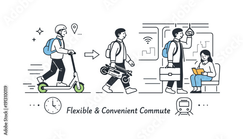 Micromobility as daily transport. A commuter switching easily between an electric scooter and public transport, calm and efficient. The