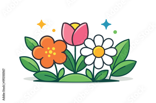 Garden blooms a calm botanical moment with colorful blossoms arranged among simple leaves, conveying freshness, harmony and seasonal change.