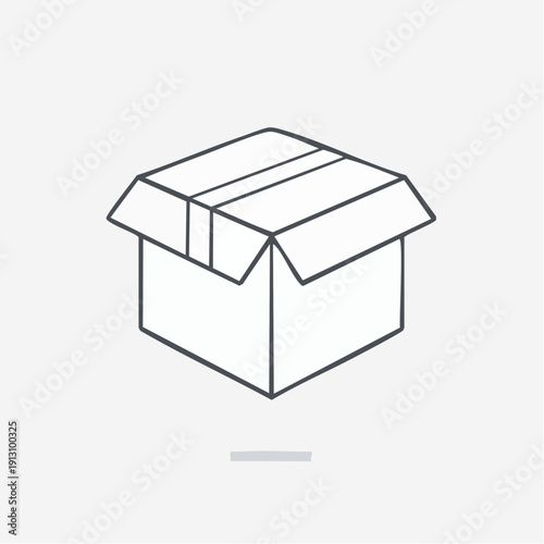 Simple line drawing of a cardboard box with flaps open.