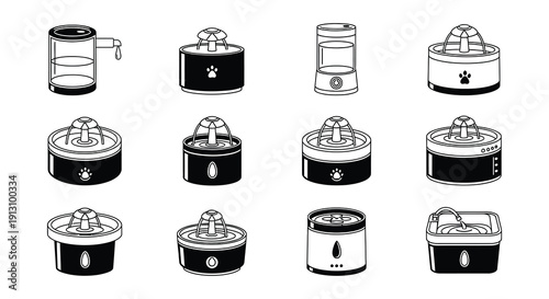 Line art illustrations depicting various styles of water dispensers
