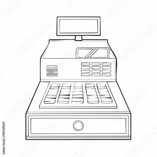 Simple line drawing of a cash register with a monitor and keypad.