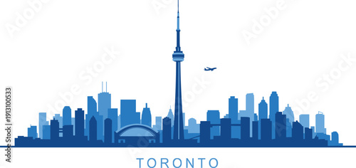 WebBlue Toronto City Skyline Vector Illustration Featuring CN Tower and Rogers Centre Landmark Architecture with Airplane Silhouette on White Background for Urban Travel Design