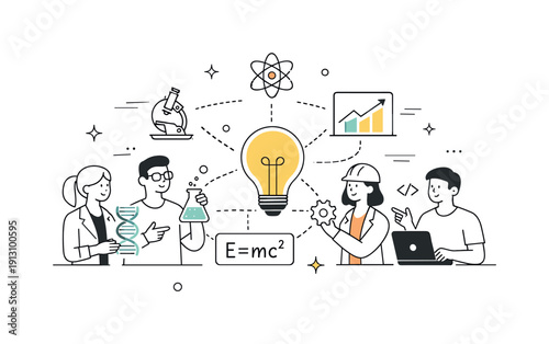 Interdisciplinary research collaboration. Researchers from different fields connecting ideas through diagrams and symbols. Editorial scene
