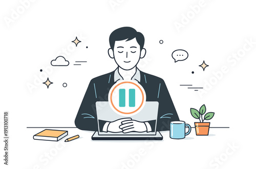 Calm Pause Reflection. Paused productivity. A calm professional sitting at a desk with a paused icon hovering above a laptop, hands resting quietly. Clean