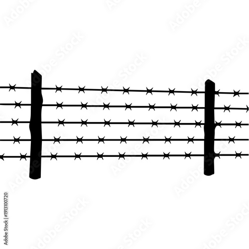 Close-up view of a barbed wire fence with multiple strands of wire and sharp barbs.