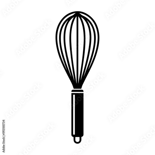 A classic kitchen whisk resting on a white background